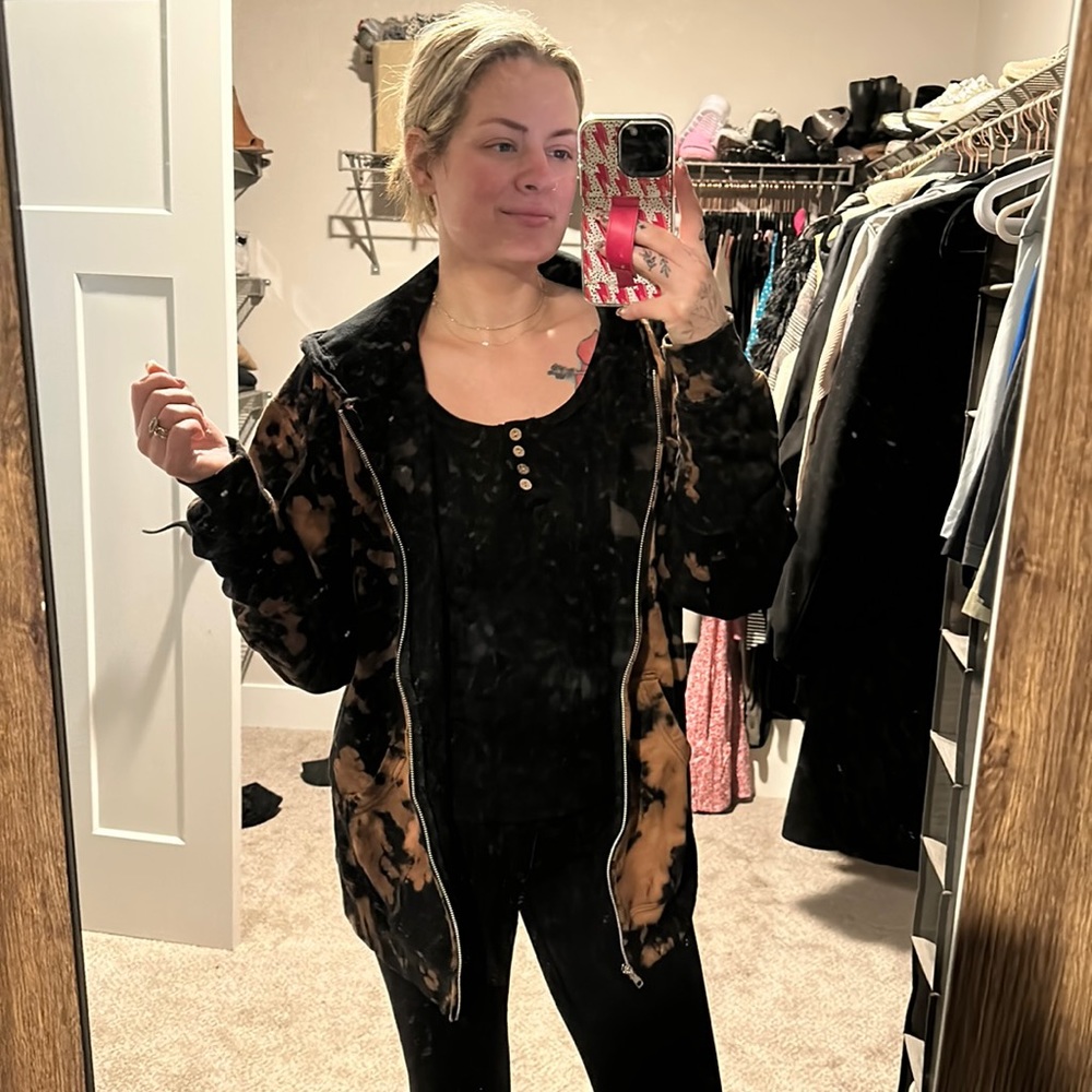 Handmade Bleach Dye Zip Up Graphic Hoodie